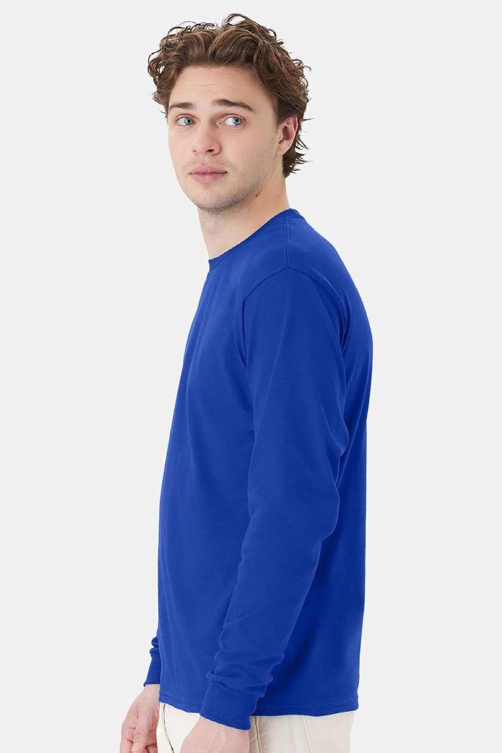 Hanes 5286 Mens Essential-T Long Sleeve Crewneck T-Shirt Deep Royal Blue Model Side
