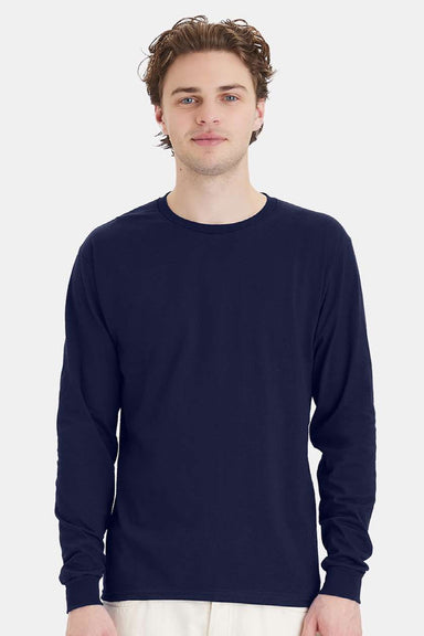 Hanes 5286 Mens Essential-T Long Sleeve Crewneck T-Shirt Navy Blue Model Front