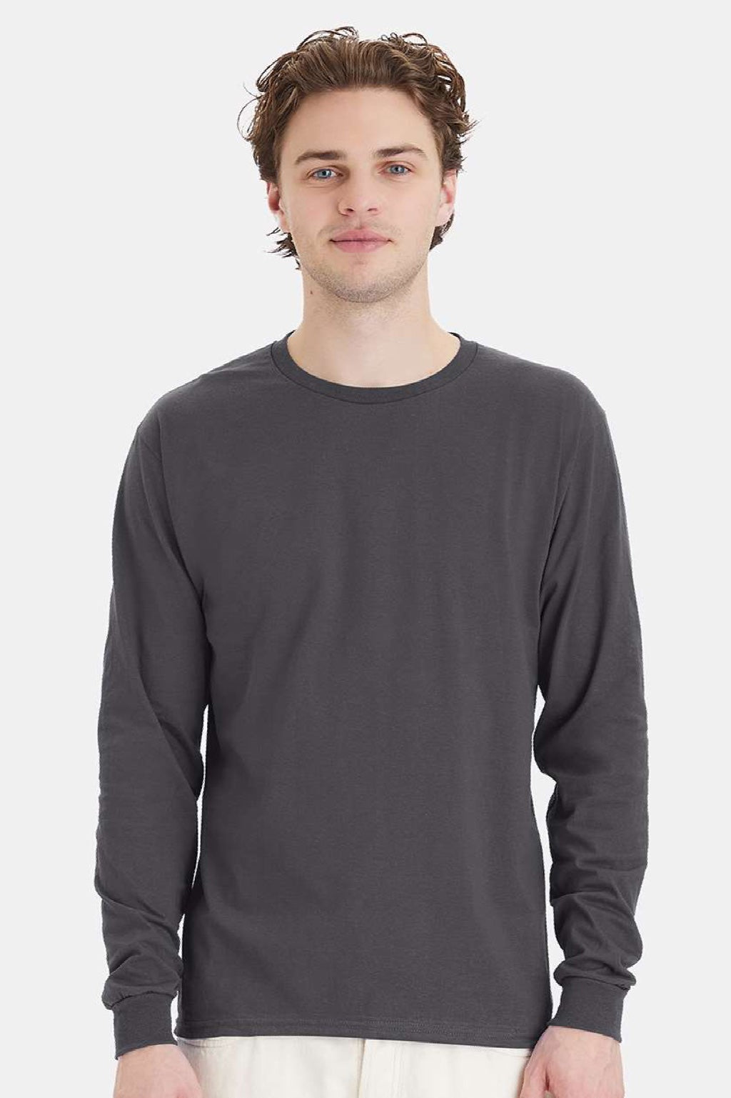 Hanes 5286 Mens Essential-T Long Sleeve Crewneck T-Shirt Smoke Grey Model Front