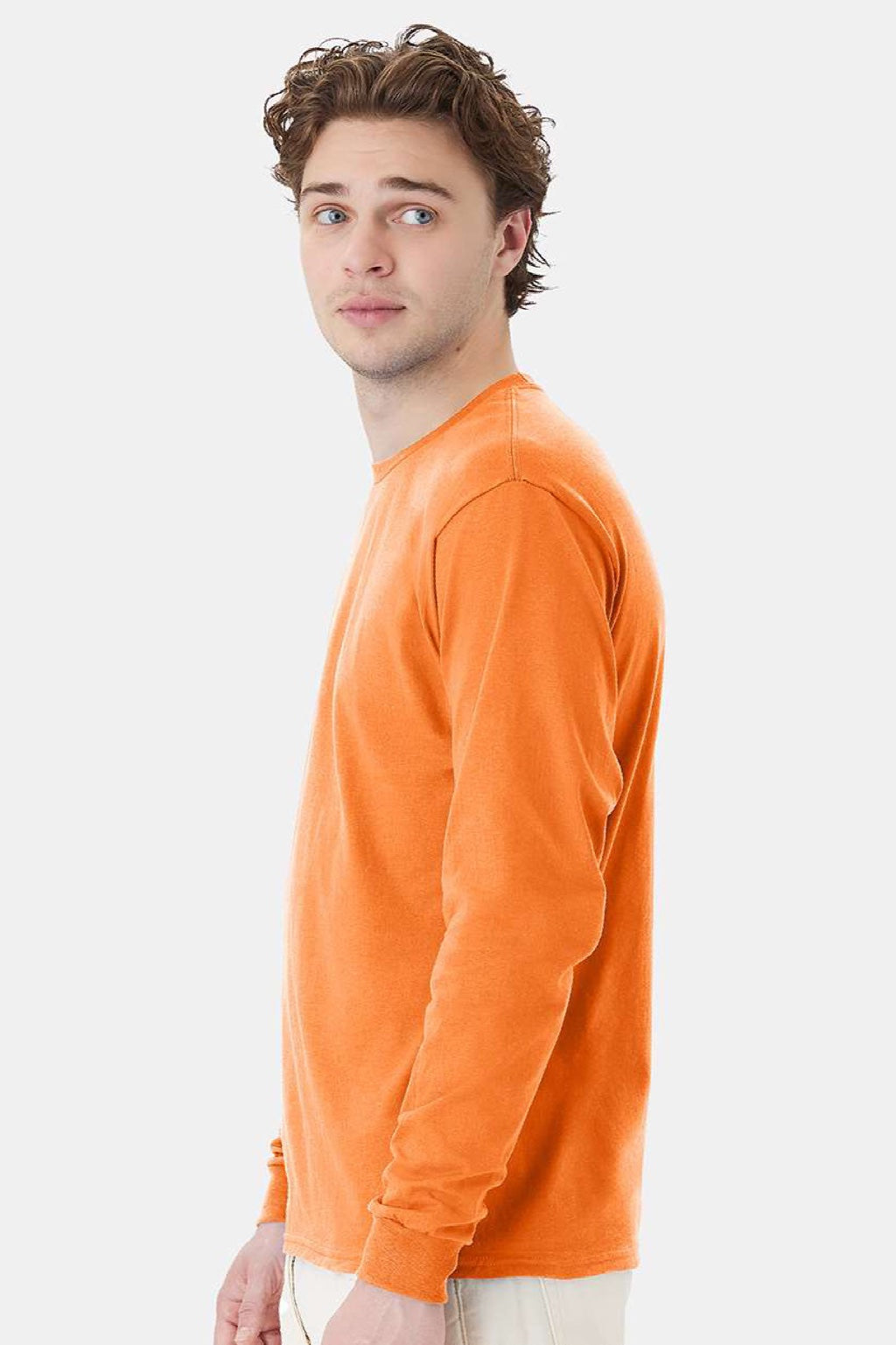 Hanes 5286 Mens Essential-T Long Sleeve Crewneck T-Shirt Tennessee Orange Model Side