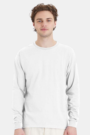 Hanes 5286 Mens Essential-T Long Sleeve Crewneck T-Shirt White Model Front