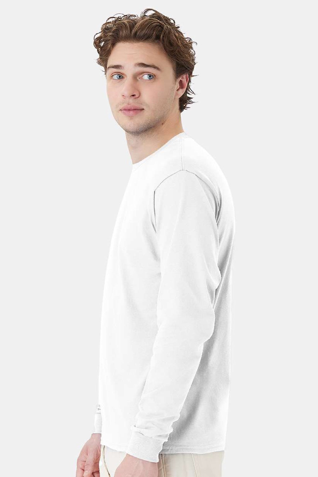 Hanes 5286 Mens Essential-T Long Sleeve Crewneck T-Shirt White Model Side