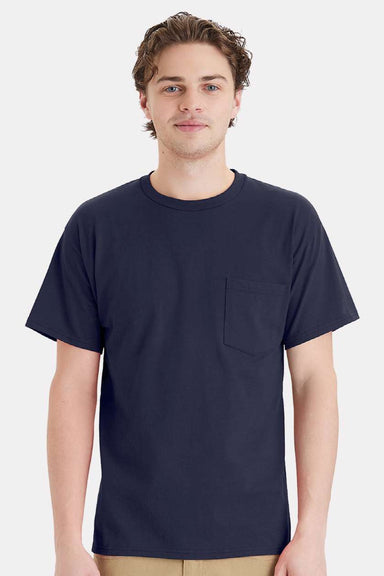 Hanes 5290P Mens Essential Short Sleeve Crewneck T-Shirt w/ Pocket Athletic Navy Blue Model Front