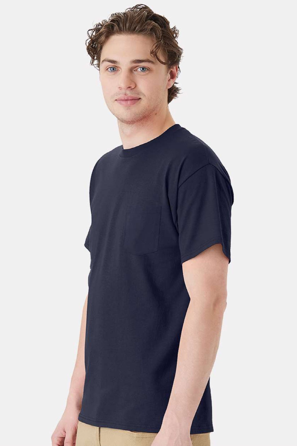 Hanes 5290P Mens Essential Short Sleeve Crewneck T-Shirt w/ Pocket Athletic Navy Blue Model Side