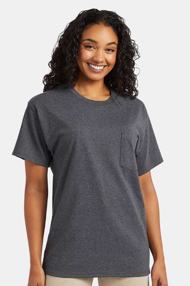Hanes 5290P Mens Essential Short Sleeve Crewneck T-Shirt w/ Pocket Heather Charcoal Grey Model Front