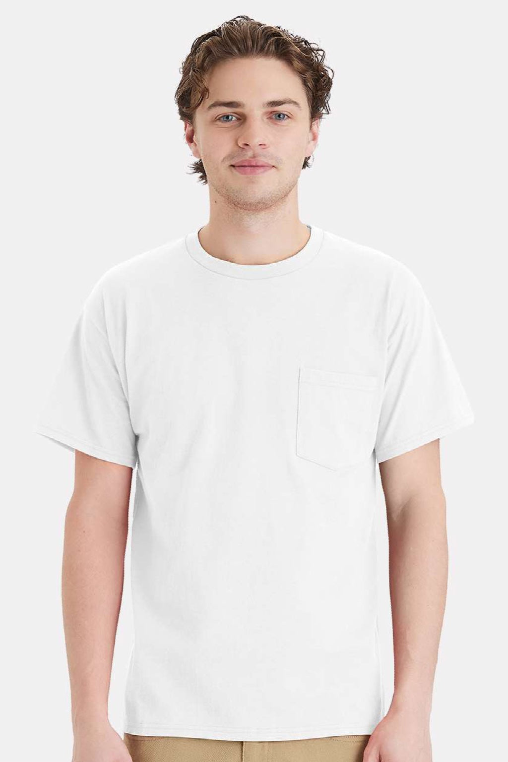 Hanes 5290P Mens Essential Short Sleeve Crewneck T-Shirt w/ Pocket White Model Front