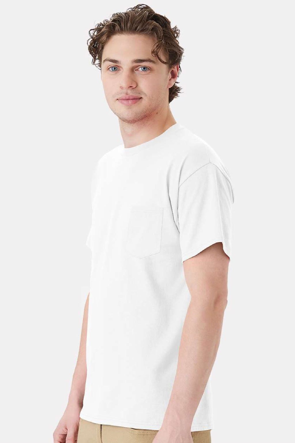 Hanes 5290P Mens Essential Short Sleeve Crewneck T-Shirt w/ Pocket White Model Side