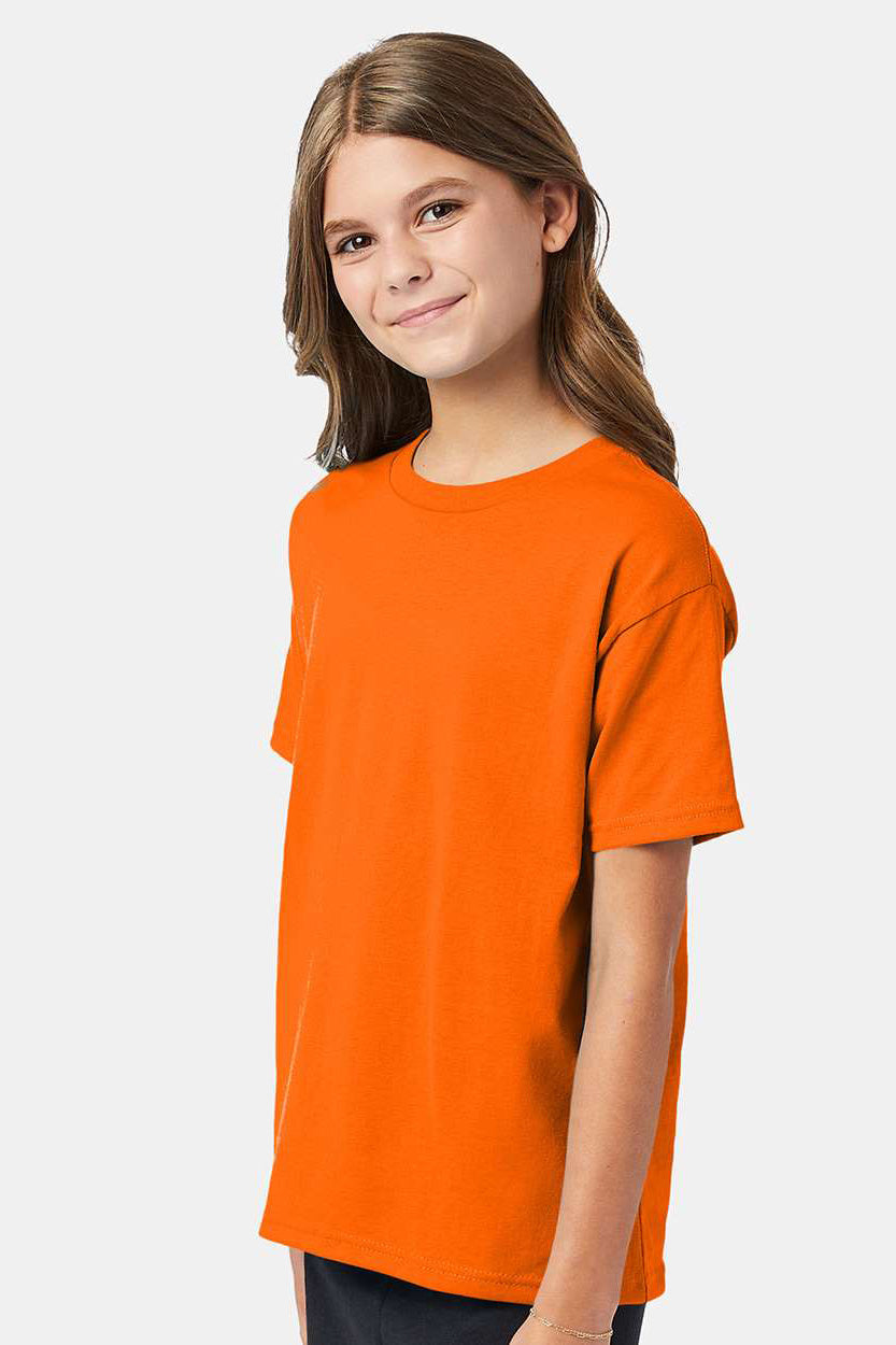 Hanes 5370 Youth EcoSmart Short Sleeve Crewneck T-Shirt Safety Orange Model Side