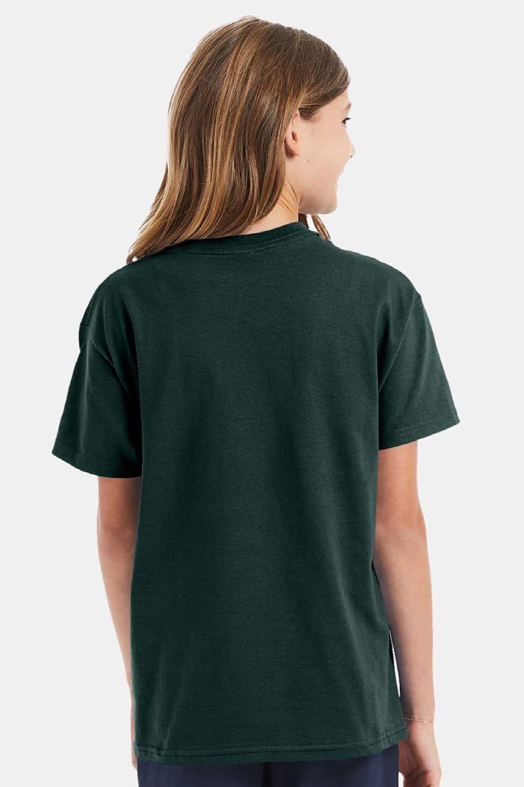 Hanes 5450 Youth Authentic Short Sleeve Crewneck T-Shirt Deep Forest Green Model Back