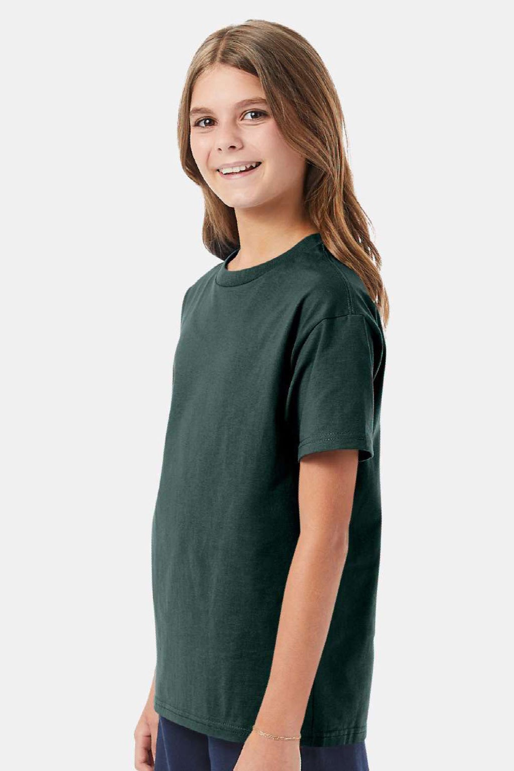 Hanes 5450 Youth Authentic Short Sleeve Crewneck T-Shirt Deep Forest Green Model Side