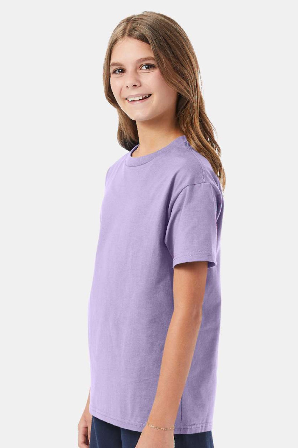 Hanes 5450 Youth Authentic Short Sleeve Crewneck T-Shirt Lavender Purple Model Side