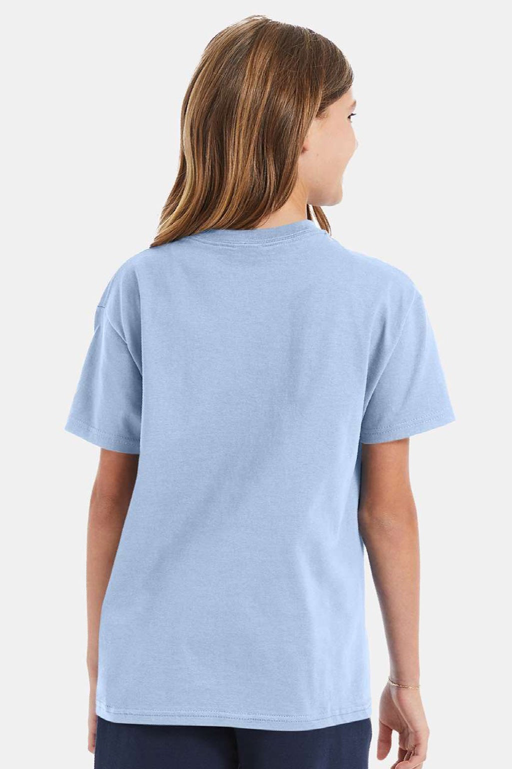 Hanes 5450 Youth Authentic Short Sleeve Crewneck T-Shirt Light Blue Model Back
