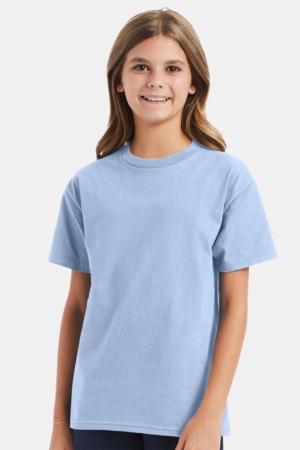 Hanes 5450 Youth Authentic Short Sleeve Crewneck T-Shirt Light Blue Model Front