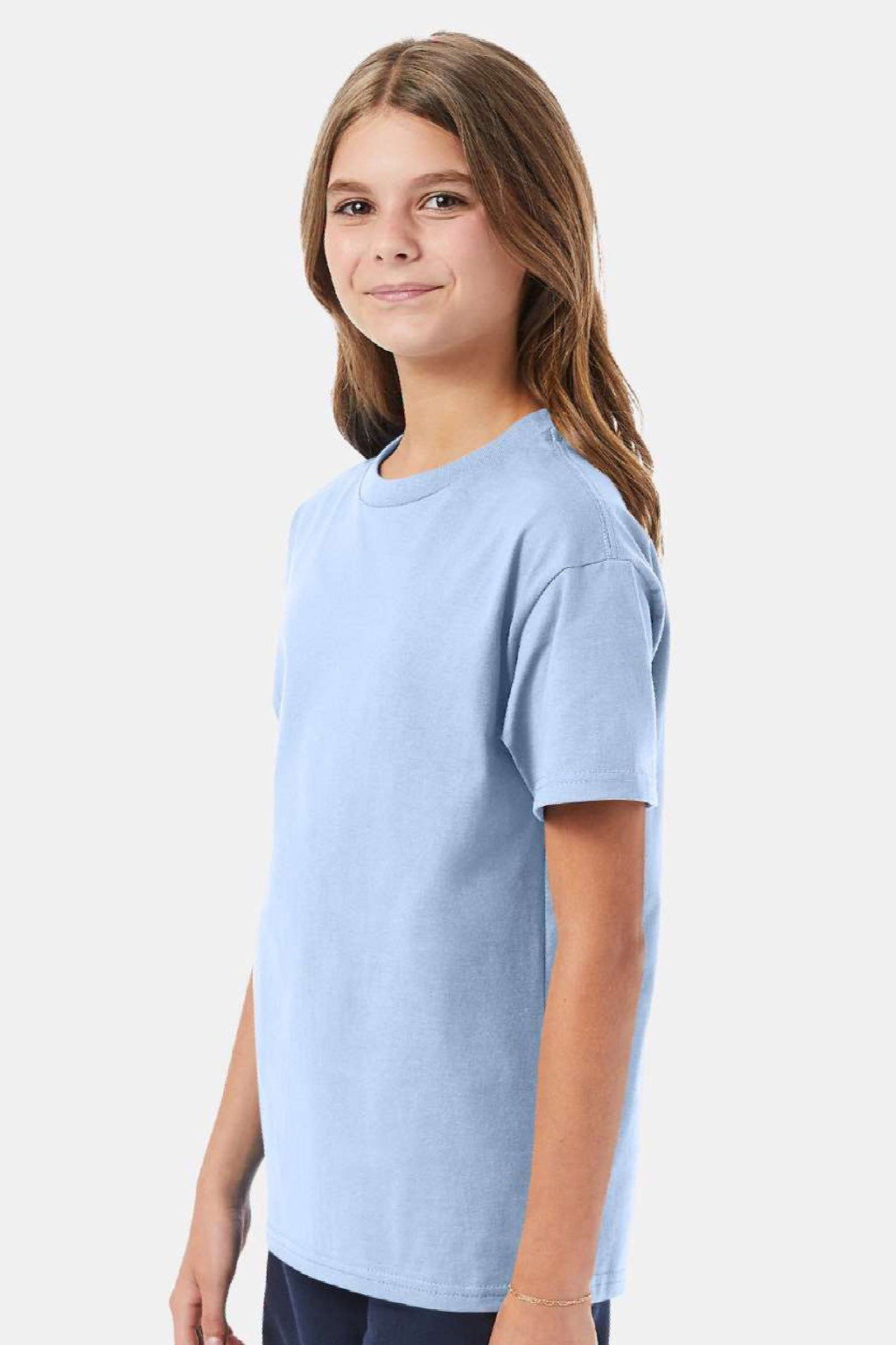Hanes 5450 Youth Authentic Short Sleeve Crewneck T-Shirt Light Blue Model Side