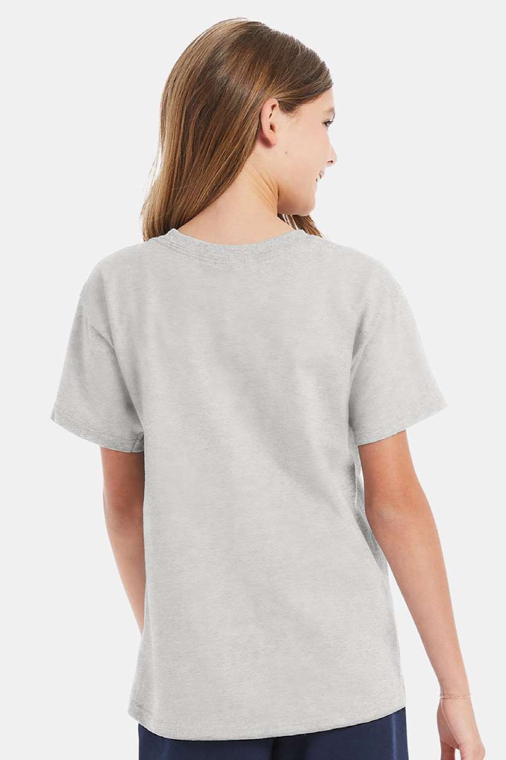Hanes 5480 Youth Essential-T Short Sleeve Crewneck T-Shirt Ash Grey Model Back