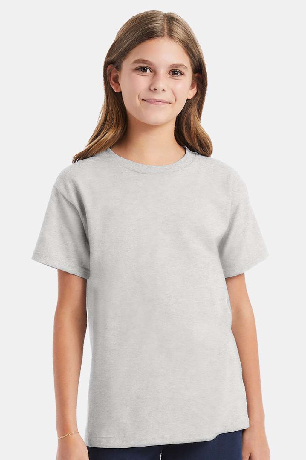 Hanes 5480 Youth Essential-T Short Sleeve Crewneck T-Shirt Ash Grey Model Front