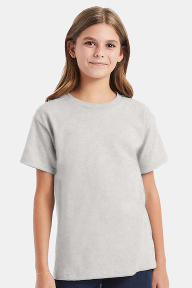 Hanes 5480 Youth Essential-T Short Sleeve Crewneck T-Shirt Ash Grey Model Front