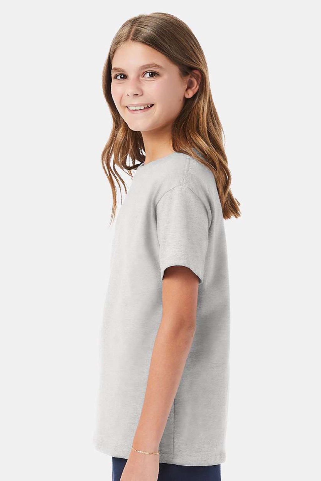Hanes 5480 Youth Essential-T Short Sleeve Crewneck T-Shirt Ash Grey Model Side