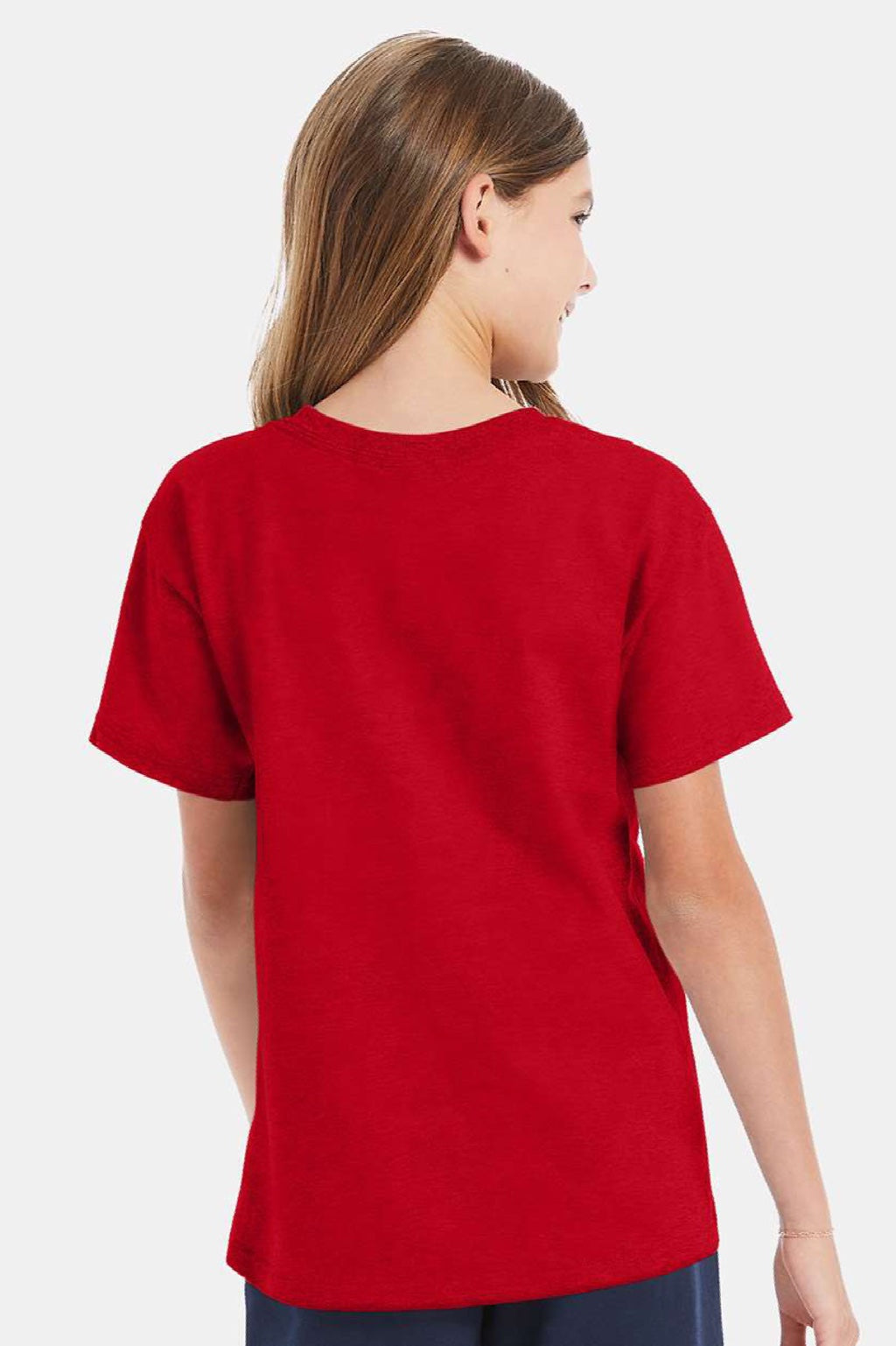Hanes 5480 Youth Essential-T Short Sleeve Crewneck T-Shirt Athletic Red Model Back