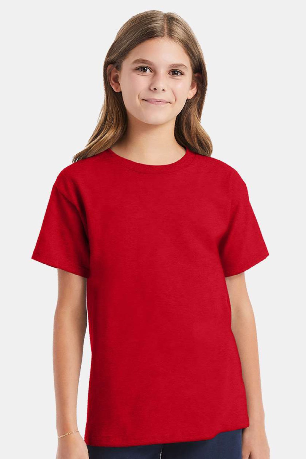 Hanes 5480 Youth Essential-T Short Sleeve Crewneck T-Shirt Athletic Red Model Front
