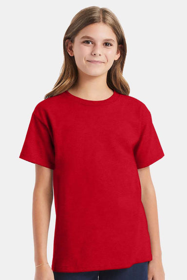 Hanes 5480 Youth Essential-T Short Sleeve Crewneck T-Shirt Athletic Red Model Front