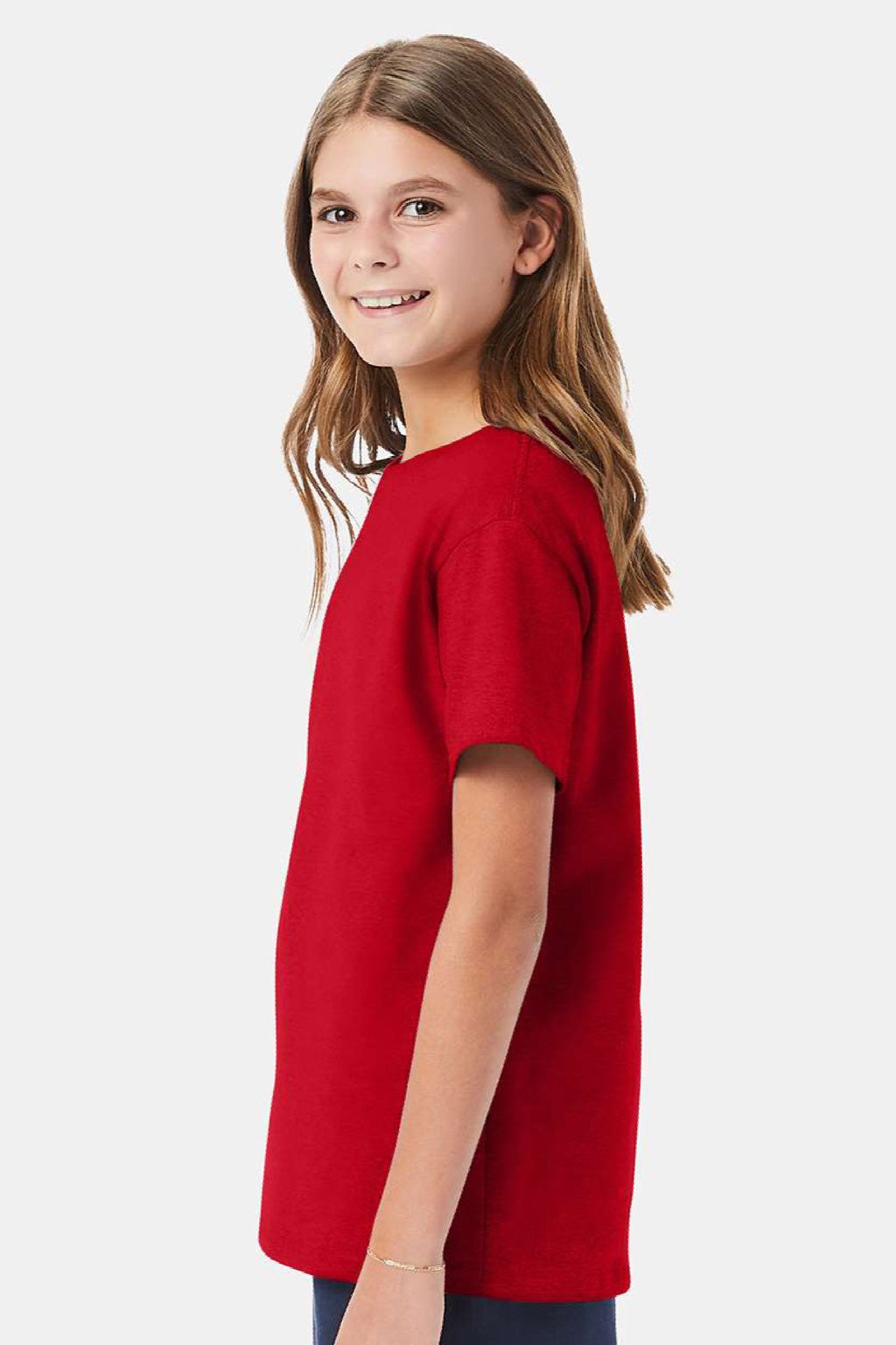 Hanes 5480 Youth Essential-T Short Sleeve Crewneck T-Shirt Athletic Red Model Side
