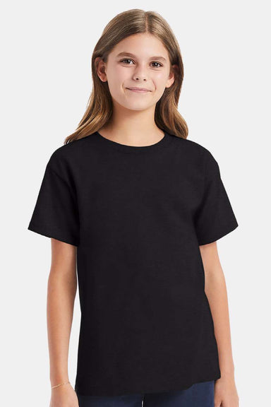Hanes 5480 Youth Essential-T Short Sleeve Crewneck T-Shirt Black Model Front
