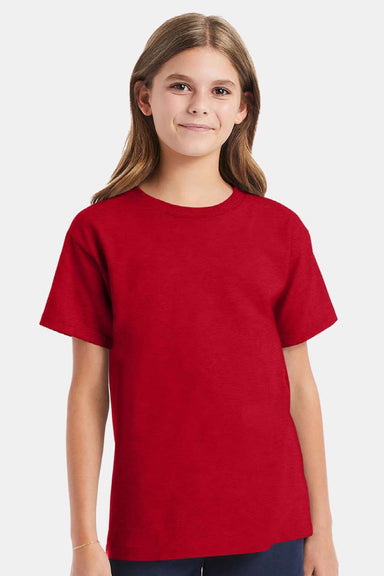 Hanes 5480 Youth Essential-T Short Sleeve Crewneck T-Shirt Deep Red Model Front