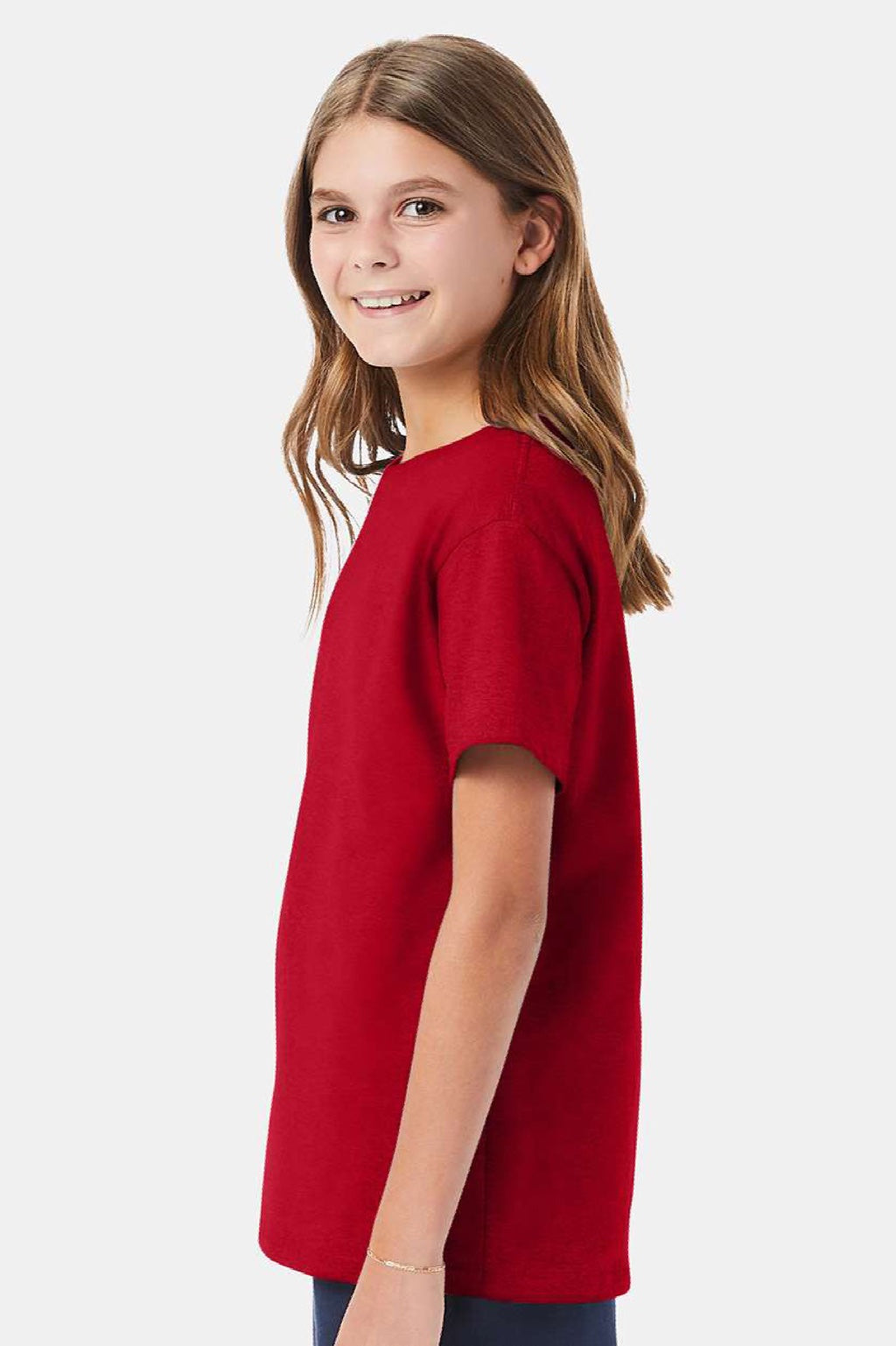 Hanes 5480 Youth Essential-T Short Sleeve Crewneck T-Shirt Deep Red Model Side