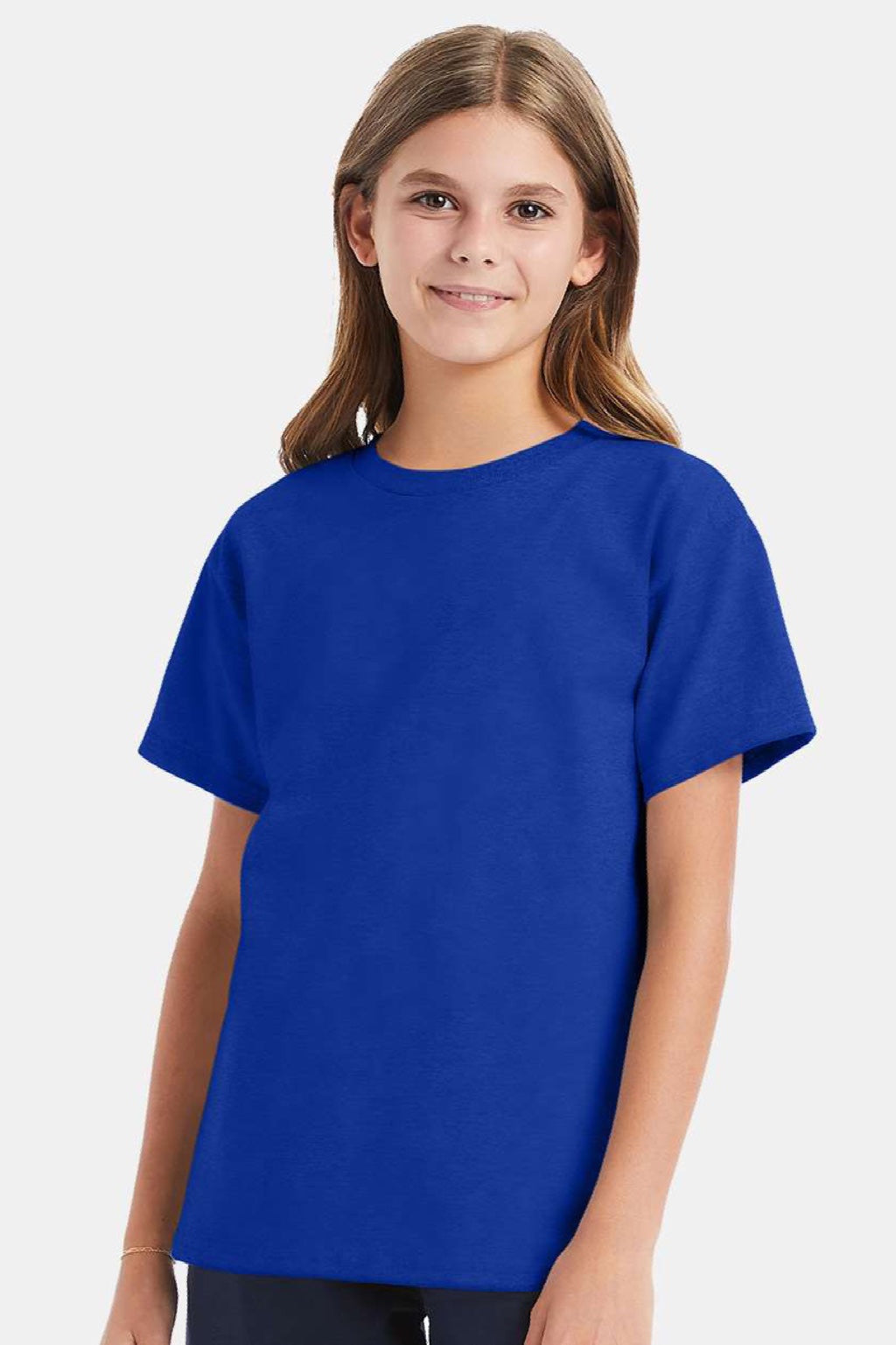Hanes 5480 Youth Essential-T Short Sleeve Crewneck T-Shirt Deep Royal Blue Model Front
