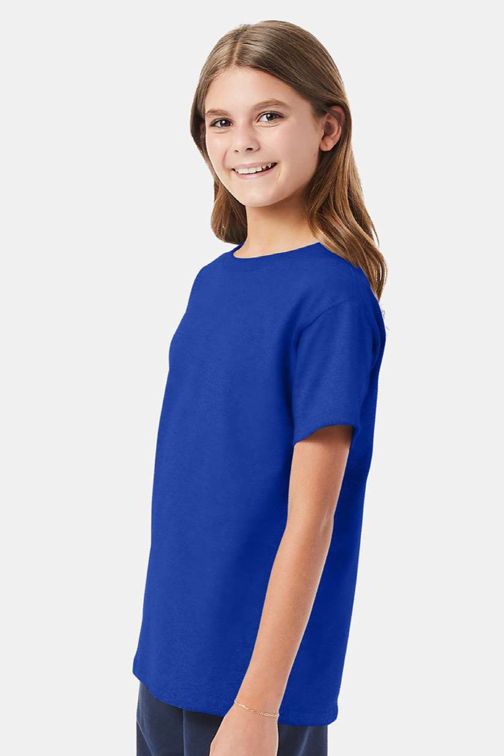 Hanes 5480 Youth Essential-T Short Sleeve Crewneck T-Shirt Deep Royal Blue Model Side