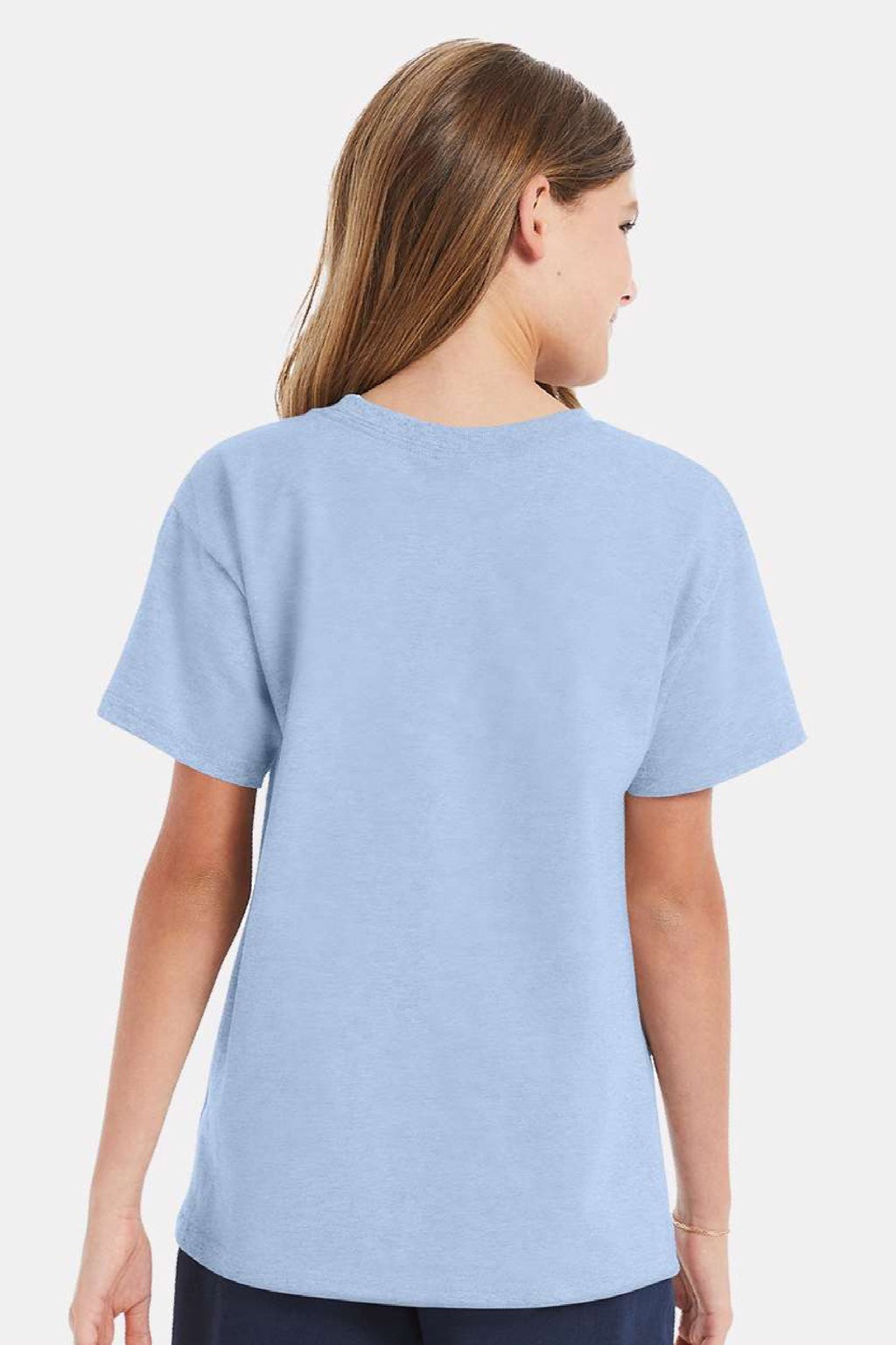 Hanes 5480 Youth Essential-T Short Sleeve Crewneck T-Shirt Light Blue Model Back