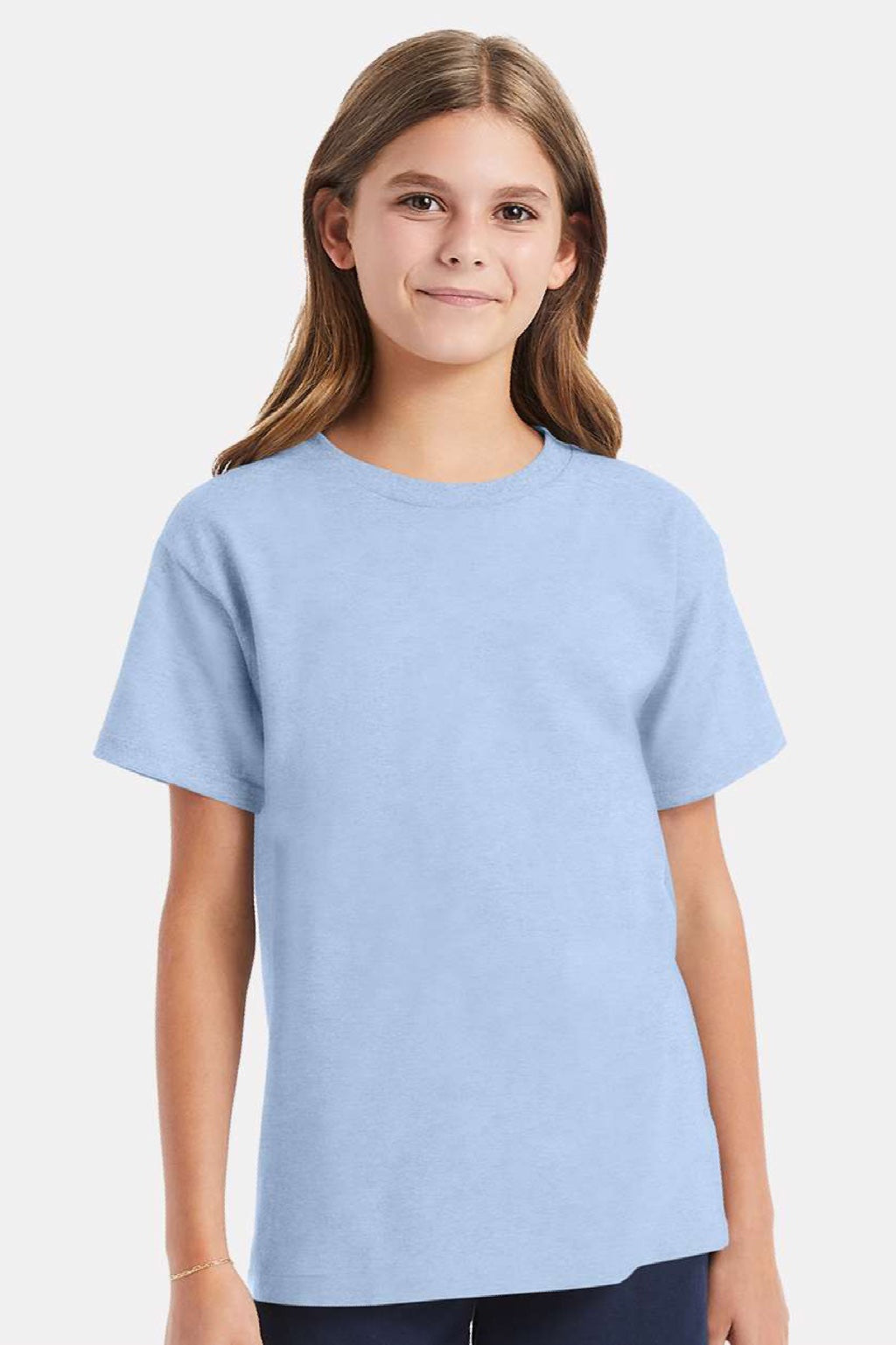 Hanes 5480 Youth Essential-T Short Sleeve Crewneck T-Shirt Light Blue Model Front