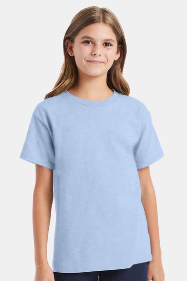 Hanes 5480 Youth Essential-T Short Sleeve Crewneck T-Shirt Light Blue Model Front