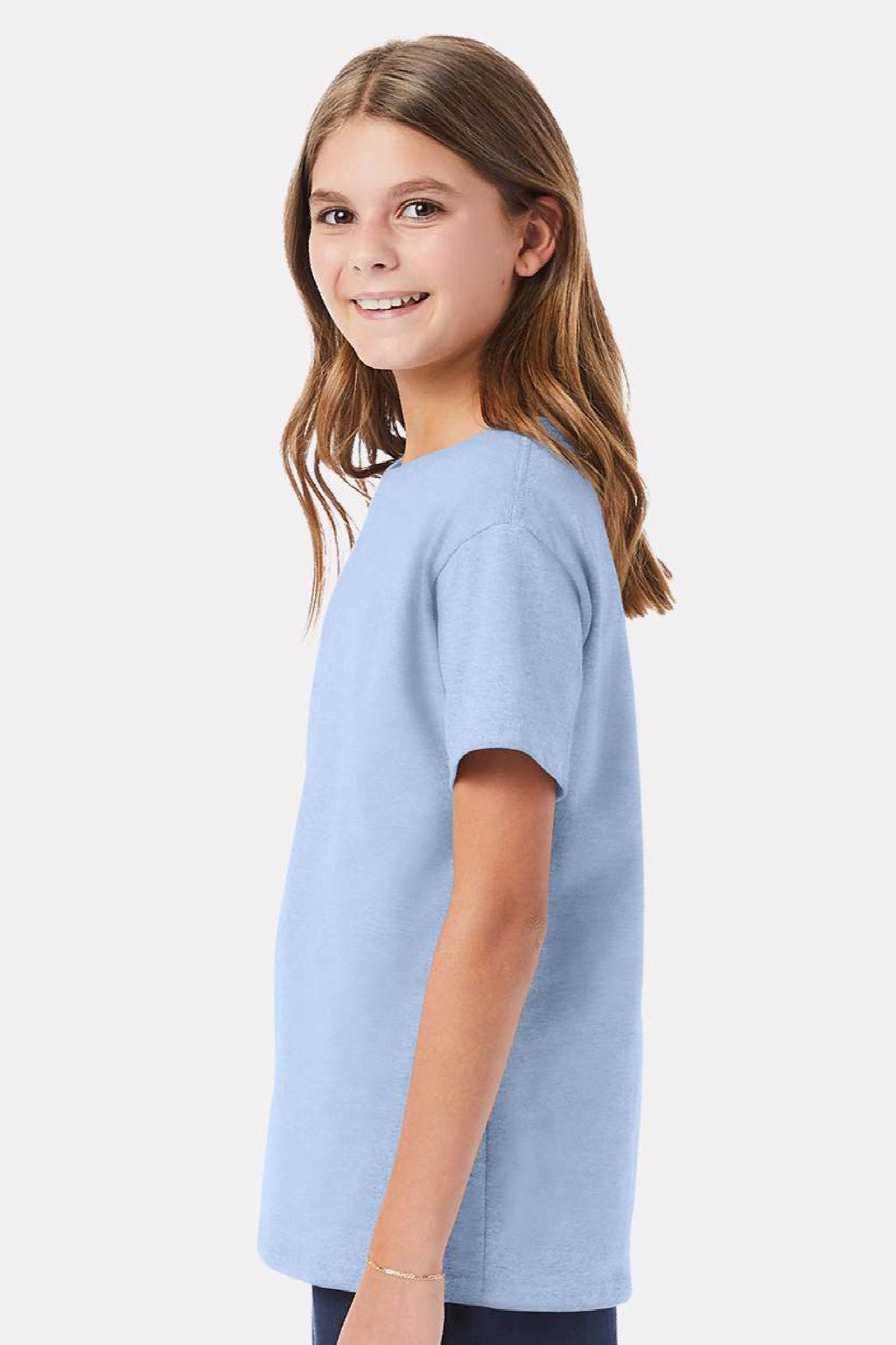 Hanes 5480 Youth Essential-T Short Sleeve Crewneck T-Shirt Light Blue Model Side