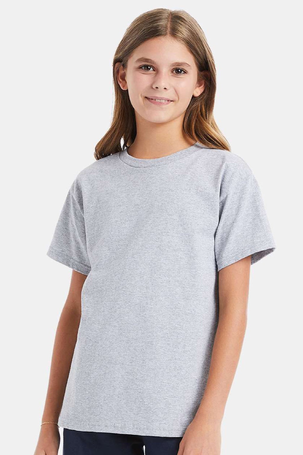 Hanes 5480 Youth Essential-T Short Sleeve Crewneck T-Shirt Light Steel Grey Model Front