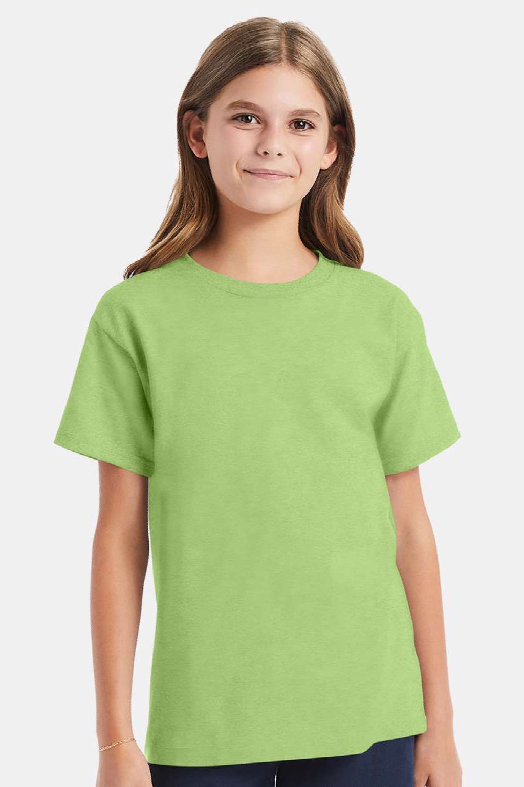 Hanes 5480 Youth Essential-T Short Sleeve Crewneck T-Shirt Lime Green Model Front