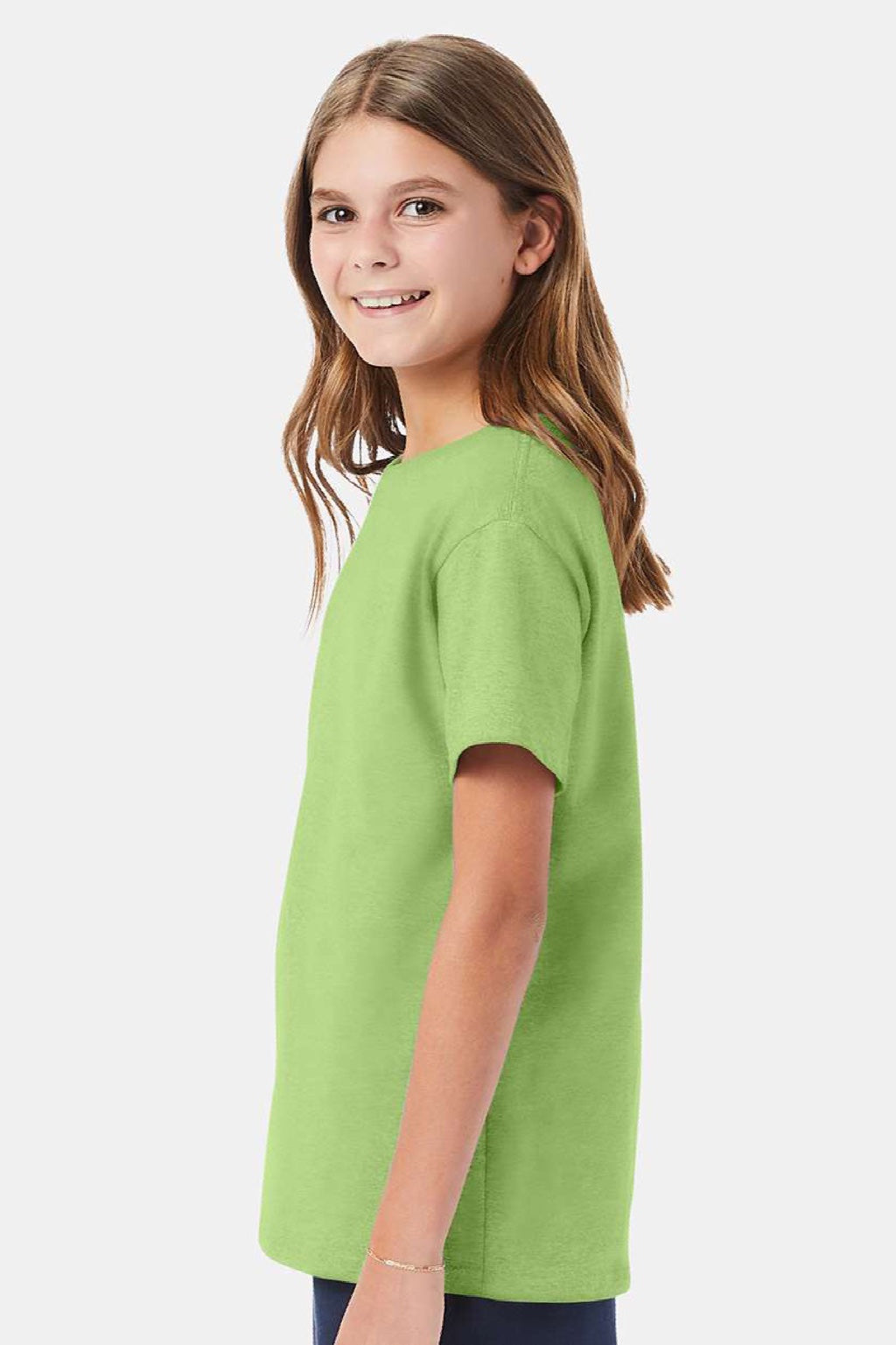 Hanes 5480 Youth Essential-T Short Sleeve Crewneck T-Shirt Lime Green Model Side