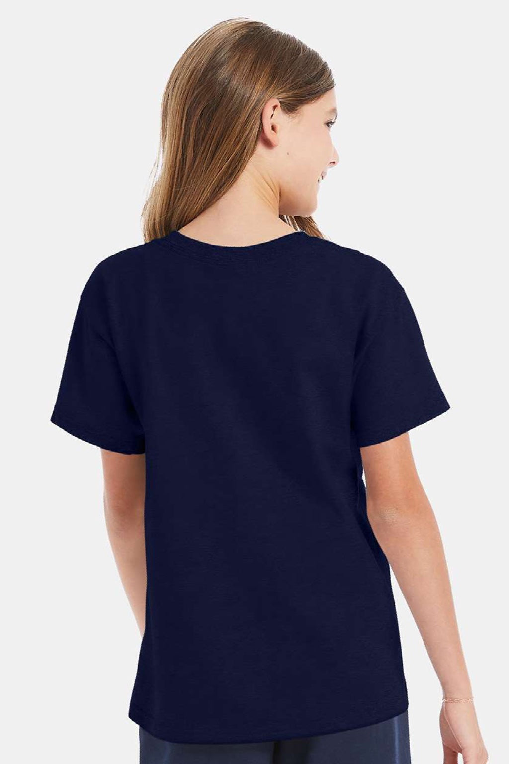 Hanes 5480 Youth Essential-T Short Sleeve Crewneck T-Shirt Navy Blue Model Back