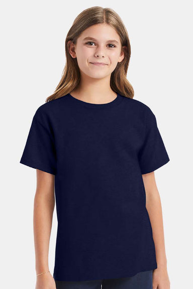 Hanes 5480 Youth Essential-T Short Sleeve Crewneck T-Shirt Navy Blue Model Front