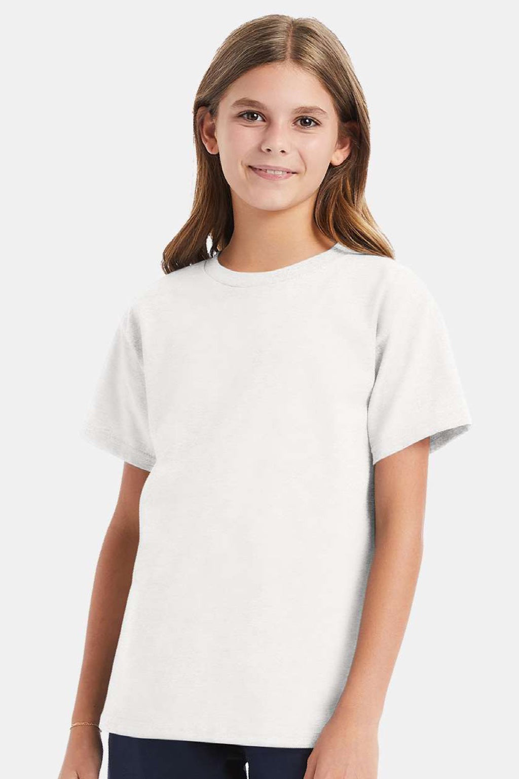 Hanes 5480 Youth Essential-T Short Sleeve Crewneck T-Shirt White Model Front