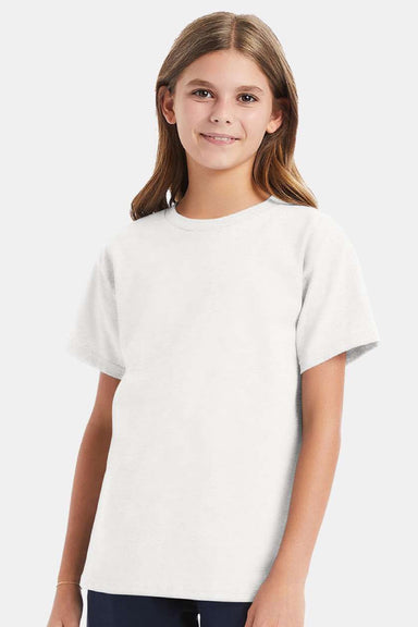 Hanes 5480 Youth Essential-T Short Sleeve Crewneck T-Shirt White Model Front