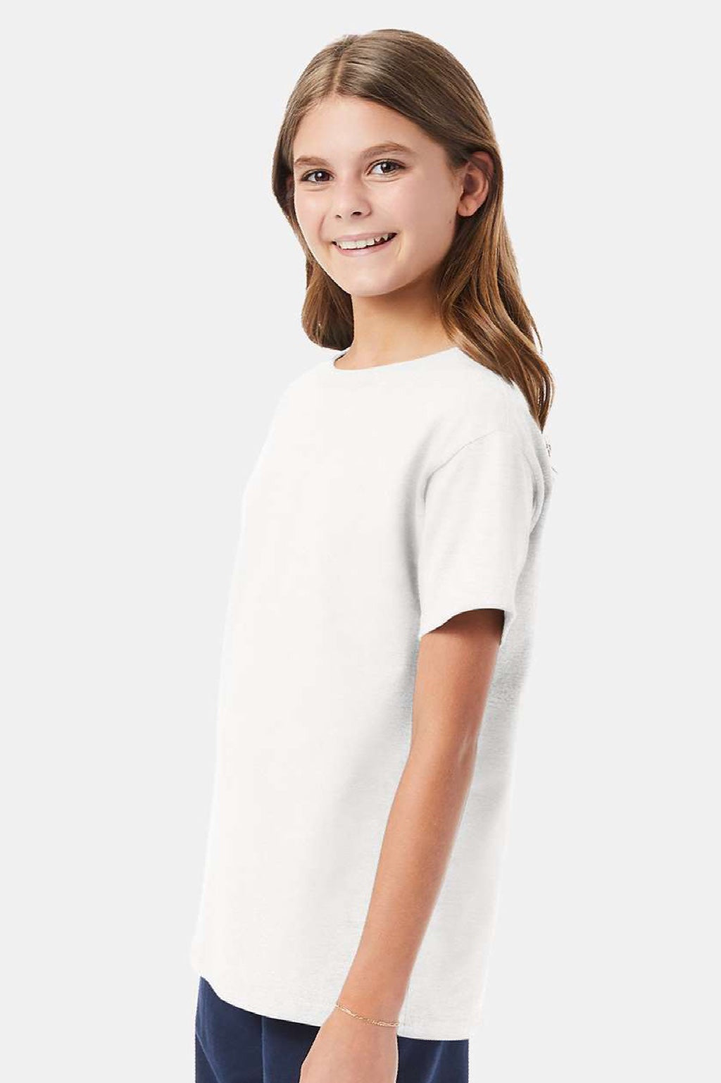 Hanes 5480 Youth Essential-T Short Sleeve Crewneck T-Shirt White Model Side