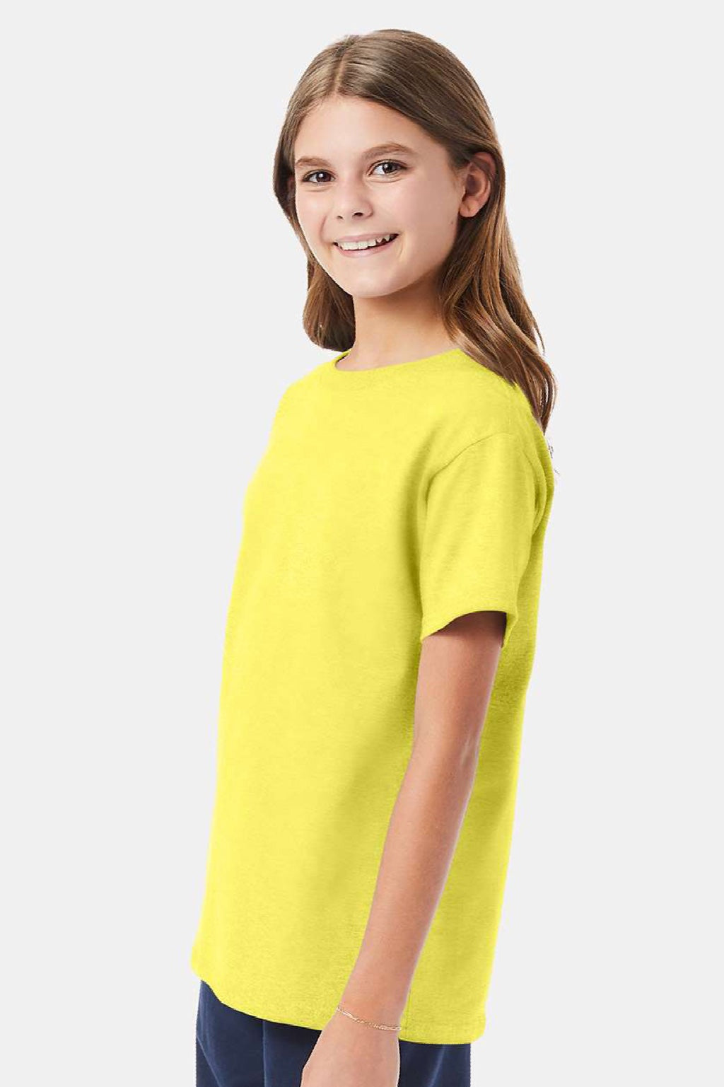 Hanes 5480 Youth Essential-T Short Sleeve Crewneck T-Shirt Yellow Model Side