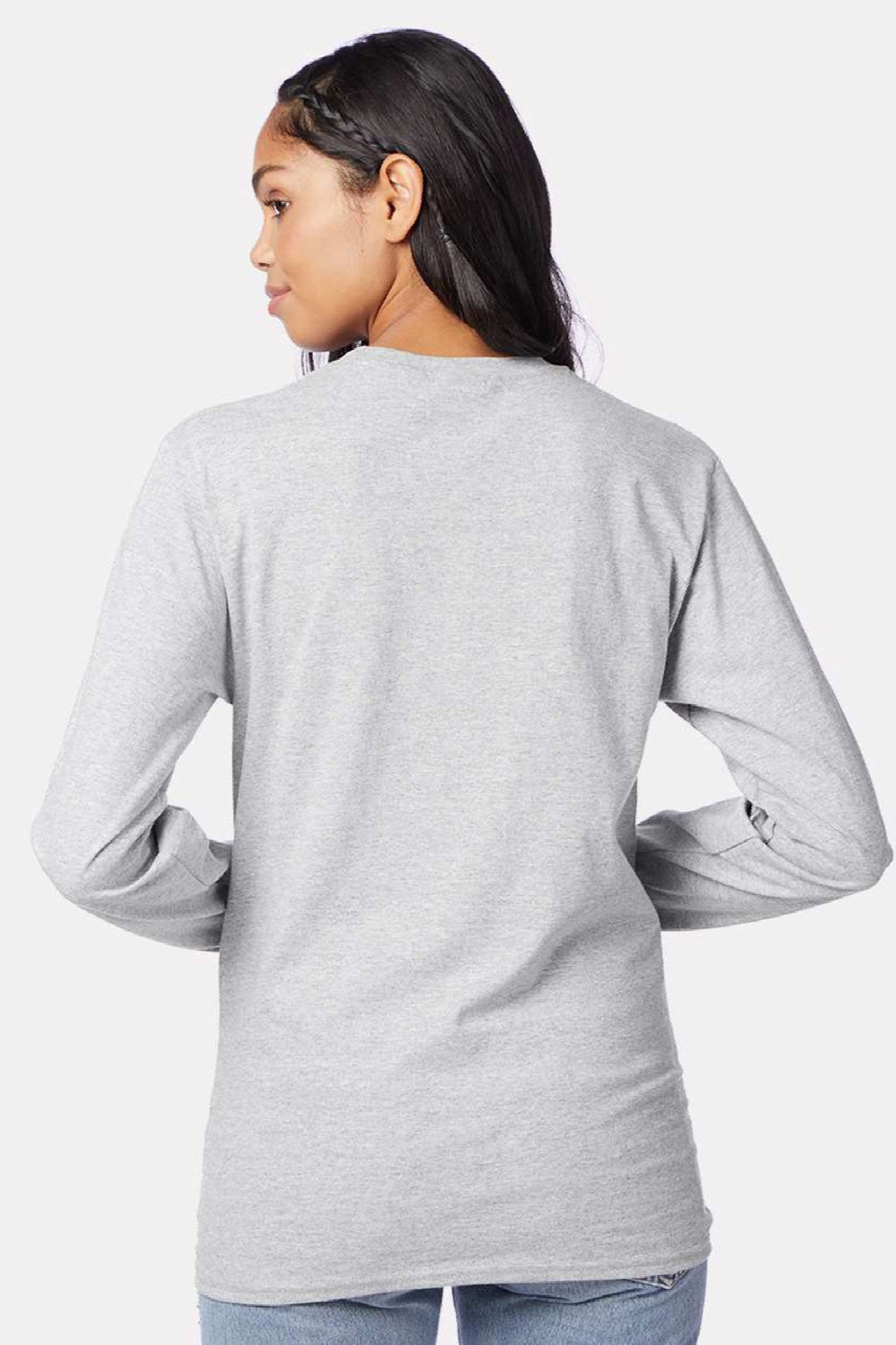 Hanes 5586 Mens Authentic Long Sleeve Crewneck T-Shirt Ash Grey Model Back