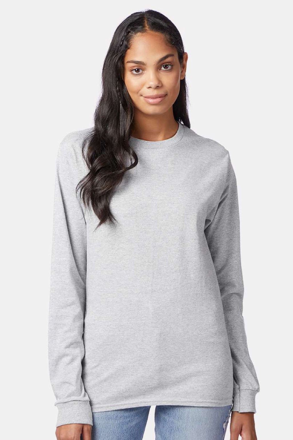 Hanes 5586 Mens Authentic Long Sleeve Crewneck T-Shirt Ash Grey Model Front