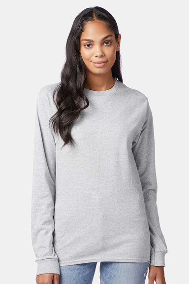 Hanes 5586 Mens Authentic Long Sleeve Crewneck T-Shirt Ash Grey Model Front