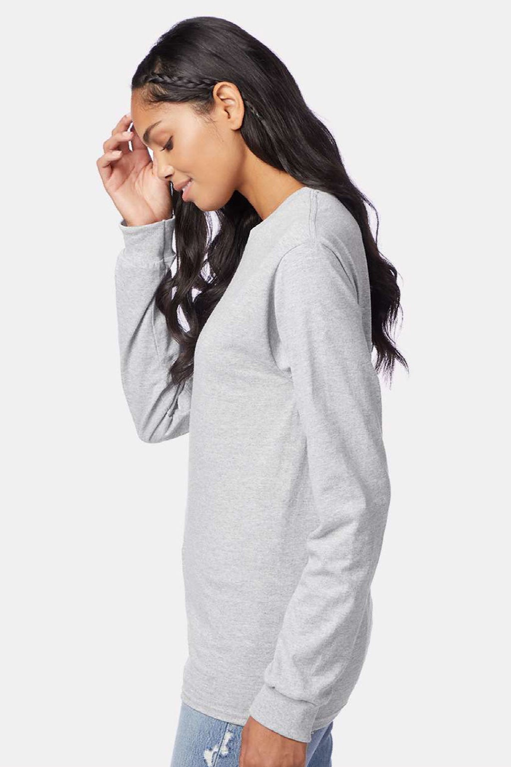 Hanes 5586 Mens Authentic Long Sleeve Crewneck T-Shirt Ash Grey Model Side