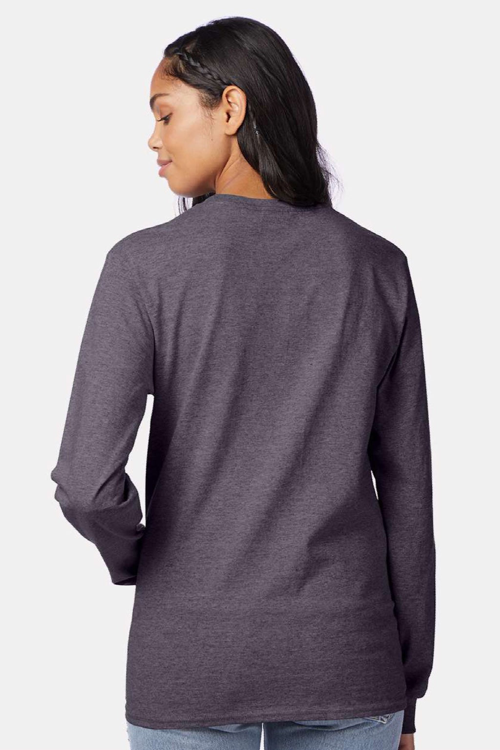 Hanes 5586 Mens Authentic Long Sleeve Crewneck T-Shirt Heather Charcoal Grey Model Back