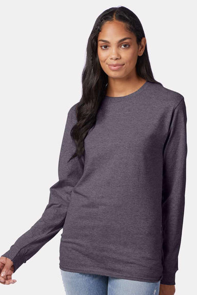 Hanes 5586 Mens Authentic Long Sleeve Crewneck T-Shirt Heather Charcoal Grey Model Front